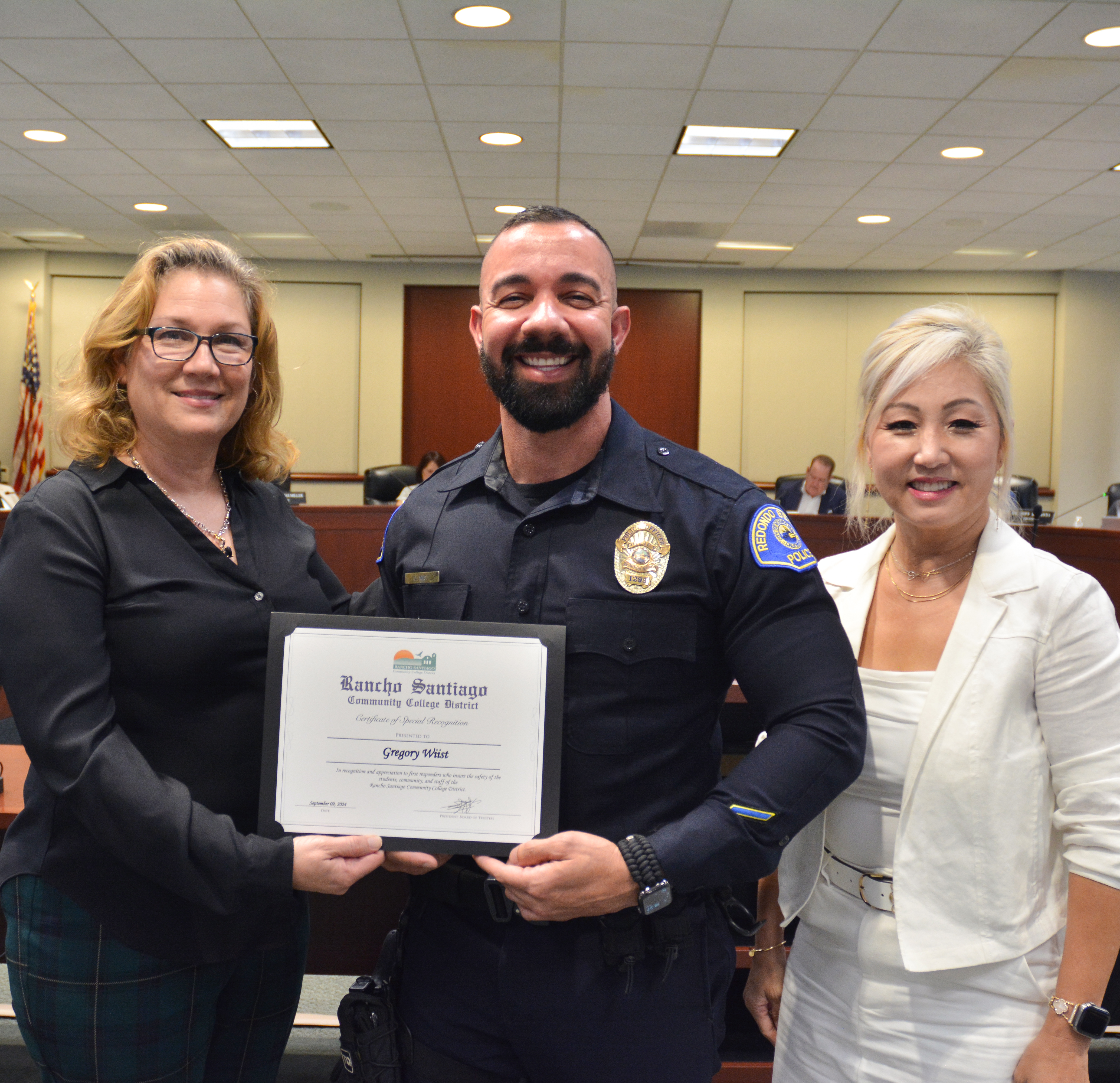 Gregory Wiist with SCC President Jeannie Kim and RSCCD Trustee, Tina Arias-Miller