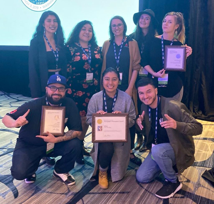 Group photo of SAC el Don newspaper staff members accept SoCal Journalism Award