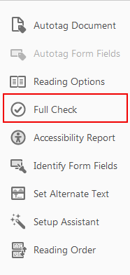Accessibility check button in adobe menu